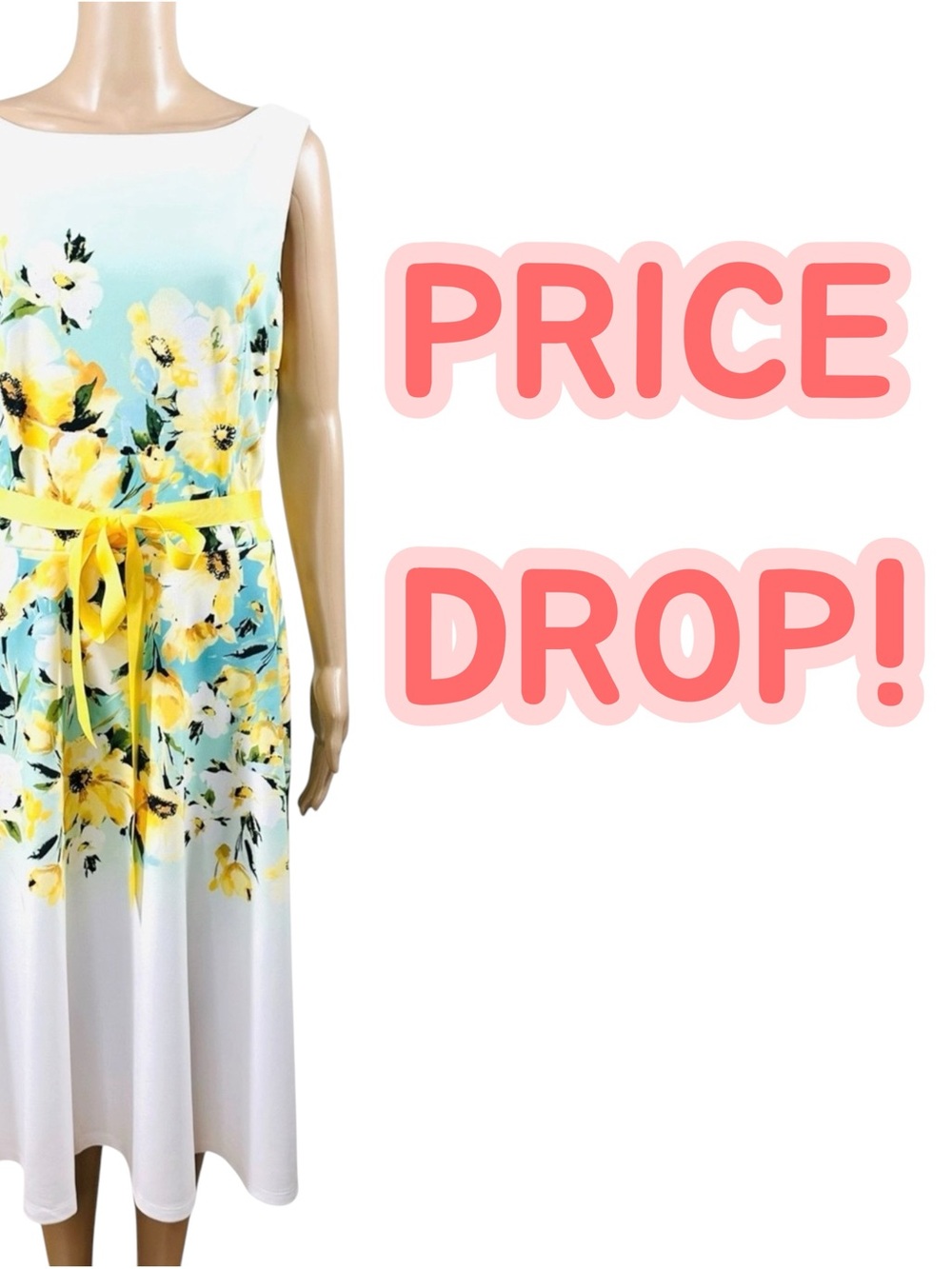 NorthStyle White, teal, yellow floral watercolor fit flare dress and sash sz 16
